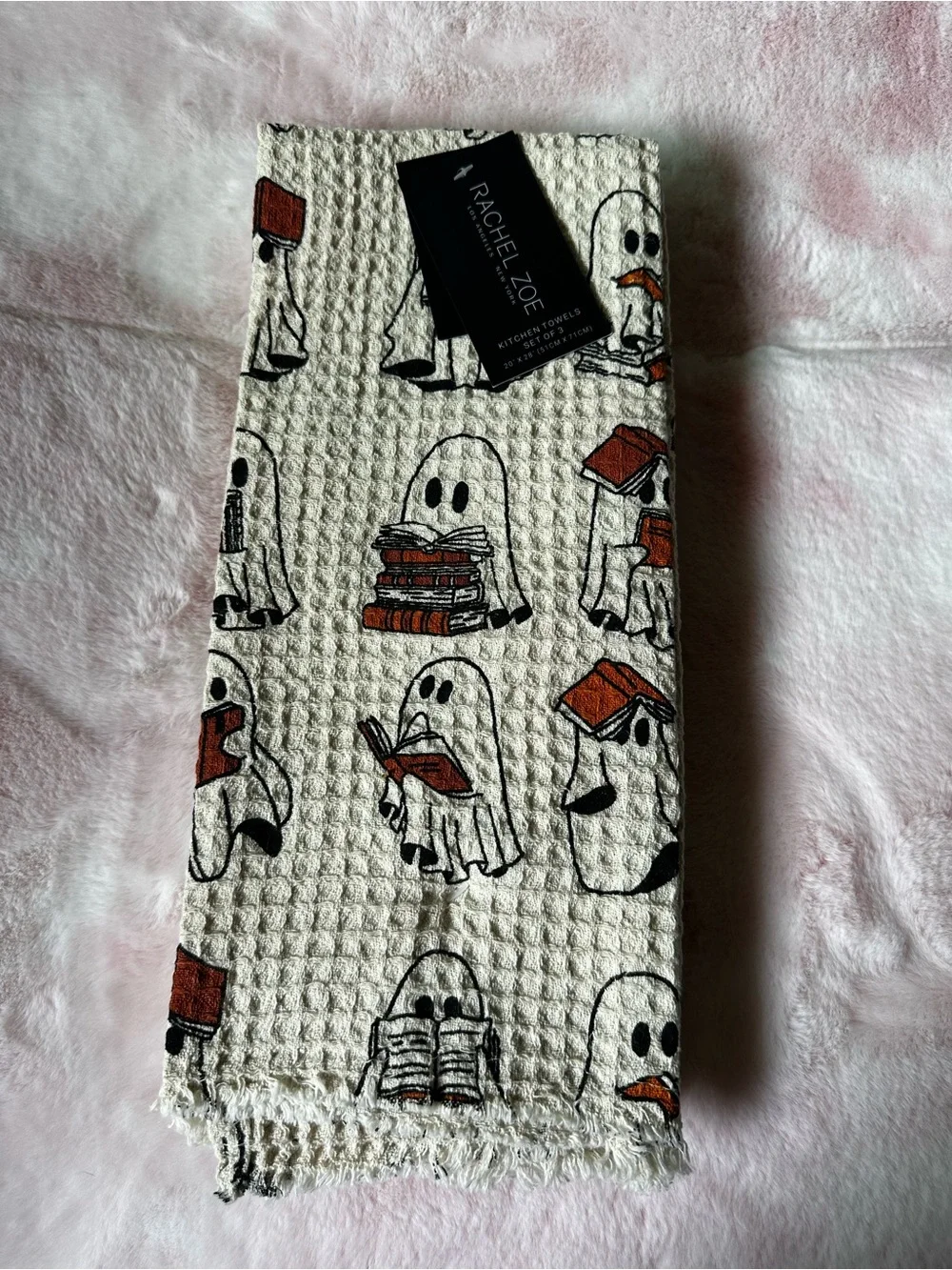 Ghosts Reading Books - Cream Waffle-Knit Kitchen Towel Rachel Zoe NWT